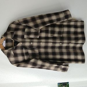 Urban Street Long Plaid Button Down Light Weight Jacket Coat Brown Neutral